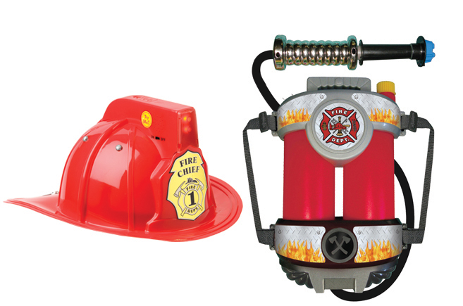 Red firefighter helmet with lights and sound and firepower.