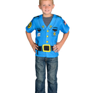 Kid wearing police shirt.