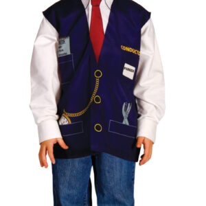 Kid wearing train conductor shirt.