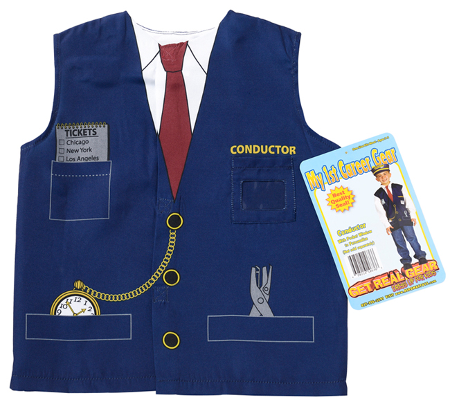 Train conductor shirt with hang tag, front view.