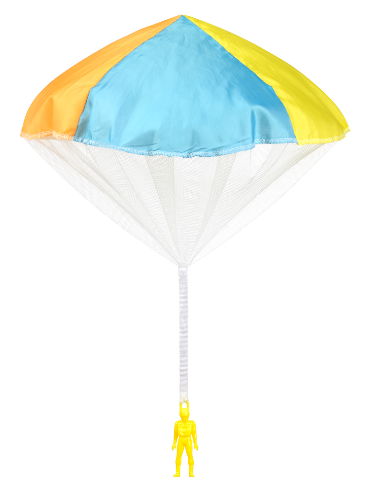 images Tri color open toy parachute with yellow guy.